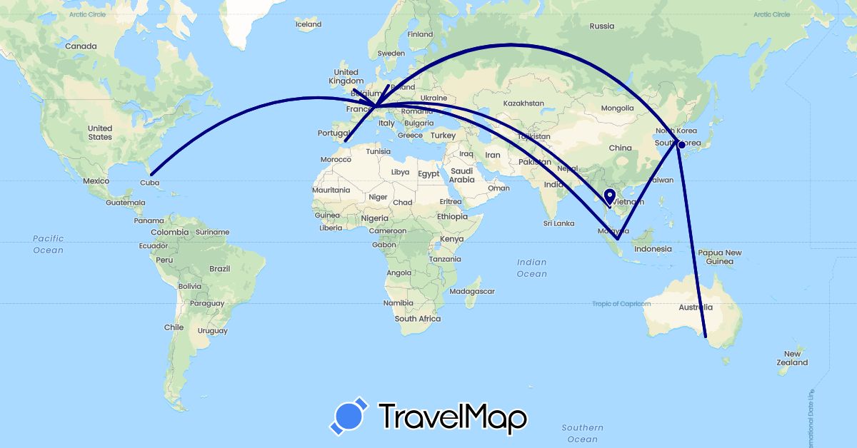 TravelMap itinerary: driving in Australia, Switzerland, Germany, Spain, France, United Kingdom, South Korea, Singapore, Thailand, United States (Asia, Europe, North America, Oceania)